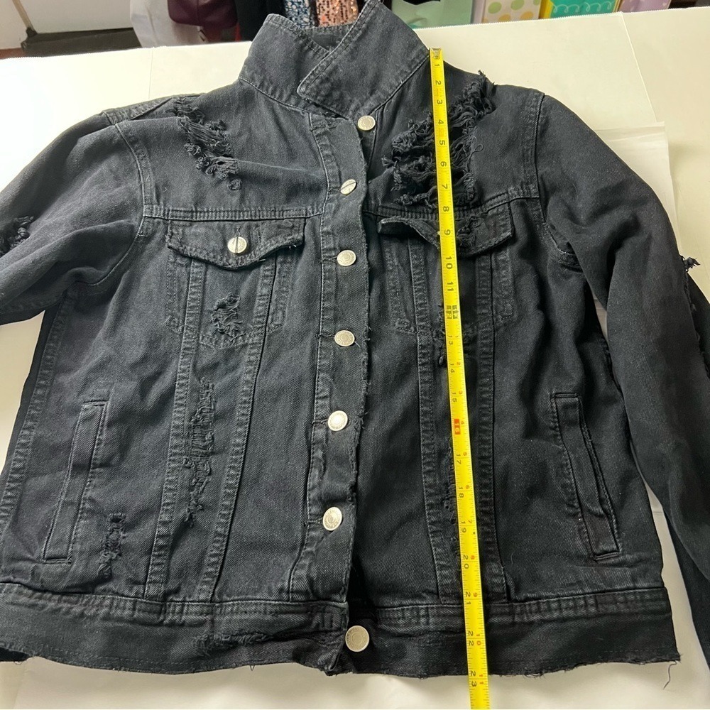 ASOS Thrashed Black Denim Trucker Jacket Destroyed Distressed Size Medium - Picture 8 of 14